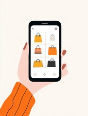 Fototapete - Hand holding smartphone while browsing an online shopping app with stylish UI elements and various handbag options displayed