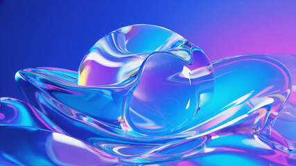Wall Mural - Spherical object sits atop translucent, flowing waves against a blue and purple backdrop