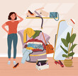 © lyudinka - Young woman looks at the mess in the room. Flat style cartoon vector illustration