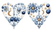 © RAKSIWAH - Watercolor illustration of two celestial hearts adorned with blue stones flowers stars and moons