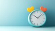 © S.W. - A colorful clock with heart-shaped decorations sits against a softly colored background, symbolizing love and the passage of time.