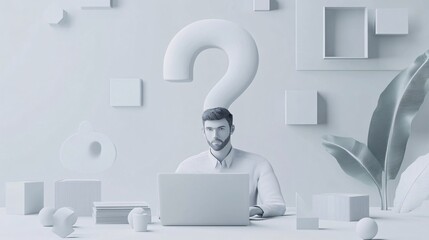 Poster - Businessman working on laptop with big question mark above his head