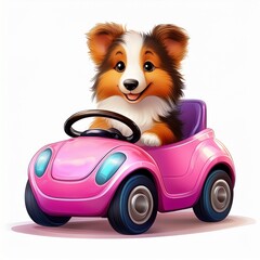  Collie Welpe im pinken Auto