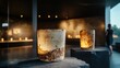 ©  Shomixer - Two ancient jars are warmly illuminated in a sleek gallery, symbolizing the connection between history and modern artistic appreciation in a minimalist environment.