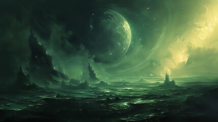 Wall Mural - the emerald planet. a beautiful alien landscape with a green planet and a green moon.