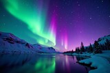 Vivid purple aurora borealis illuminating the starry sky over Norway, Scandinavia, night sky, astronomy
