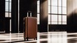 © dinatychynska - A single metallic suitcase stands alone in an empty airport terminal, symbolizing travel delays, isolation, and uncertainty. The minimalistic, modern setting enhances the scene.