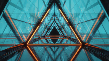 Wall Mural - Triangular architecture with light. Reflective, symmetrical design in blue and orange hues