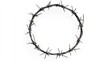 © SYAHRUL - Circular barbed wire wreath. A circle of rusty barbed wire, suggesting a crown of thorns, against a plain white background.  Detailed view of the twisted metal with sharp points