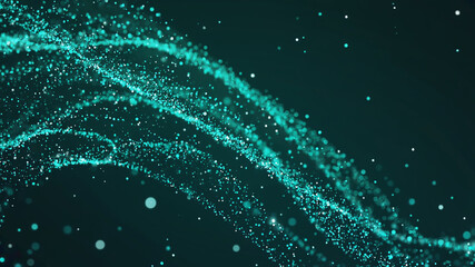 Wall Mural - Turquoise digital wave of small particles flowing on a dark green background