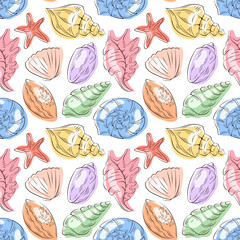 Seamless pattern with colorful seashell, starfish and marine element in flat style. Perfect for beach themed design, fabric print, wallpaper and summer project.