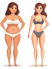 Poster - Transformation of a girl from a fuller figure to an athletic physique showcasing fitness and body positivity on a clean background