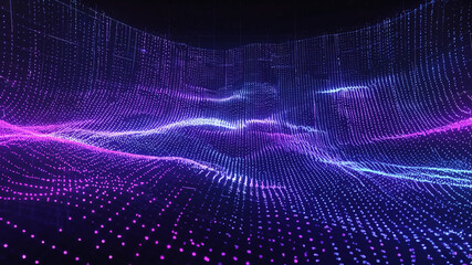 Wall Mural - Wavy landscape of glowing blue & pink dots. Dark backdrop