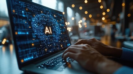 Artificial Intelligence Technology Concept – AI Text on Laptop Screen with VR Icons, Hands Working on Computer in Modern Office with Developer Coding in Background
