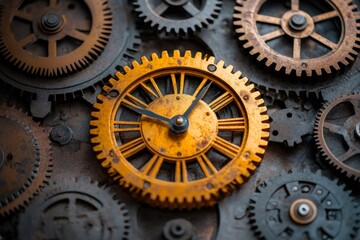 Aufkleber - Golden clock showing time while interacting with industrial gears