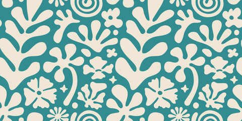 Fototapete - Vector seamless pattern in simple floral wavy and groovy naive style, flowers and plants, floral botanic hand drawn design templates, modern art prints, surface design, holiday and beach theme