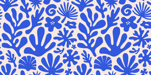 Fototapete - Vector seamless pattern in simple floral wavy and groovy naive style, flowers and plants, floral botanic hand drawn design templates, modern art prints, surface design, holiday and beach theme