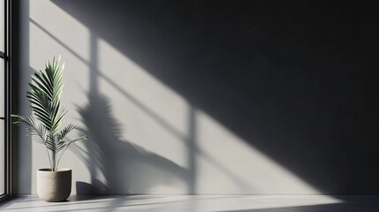 Poster - Sunlight casting geometric shadows on empty room wall with plant