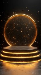 Wall Mural - elegant showcase podium with golden halo and sparkling particles for product display and presentatio