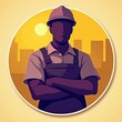 © AmayaGB - Silueta de hombre con casco y ropa de trabajo, overol, de brazos cruzados, medio cuerpo de frente, fondo de ciudad, sol atardecer, fondo amarillo, circular, sobre amarillo claro, trabajador, obrero
