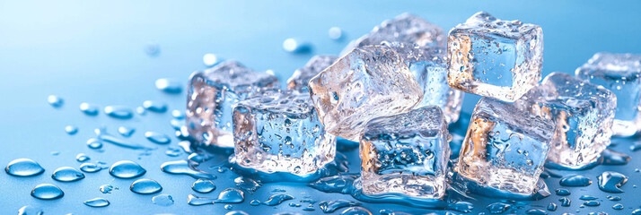 Poster - A high-resolution image of melting ice cubes on a smooth surface with water droplets and a