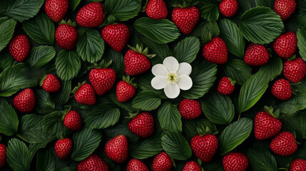 Poster - A vibrant close-up of fresh strawberries with green leaves and a delicate white strawberry flower,
