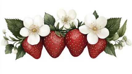 Poster - A stylized fruit image with strawberries, fresh green leaves, and a blooming flower, perfect for