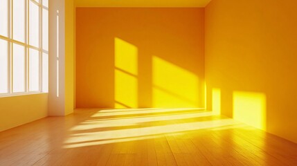 Fototapete - Empty yellow room with sunlight casting shadows on wall