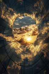 Fototapete - Modern architecture tunnel framing dramatic sunset sky with clouds
