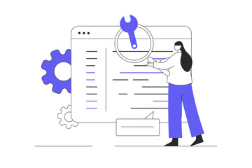 Programming and Coding. Code Review Writing, Algorithms Solution and Pair Programming. Character working in Software Development Industry. Flat Cartoon Vector Illustration, icon. Stylish abstract 
