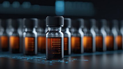 Fototapete - row of small glass vials with black caps is lined up on sleek surface, each filled with amber liquid. background is blurred, suggesting high tech laboratory environment