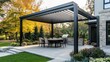 © Neon Stock - A stylish outdoor patio pergola that allows the sunlight to filter through its metallic structure.