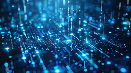 Digital circuit board with glowing binary code streams, innovative technology concept
