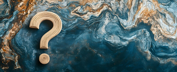 Wall Mural - photo of a question mark on a blue background, symbolizing the concept of matte wood grain and beige