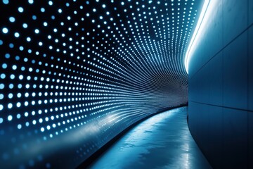 Wall Mural - curved futuristic corridor illuminated by blue glowing dots in a gradual pattern