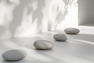 Poster - Minimalist arrangement of smooth river stones on white surface with soft lighting and neutral tones creating a calming atmosphere