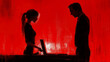 © sommersby - Tension at work: A clandestine meeting between a woman at her laptop and a man in silhouette, set against a stark red backdrop