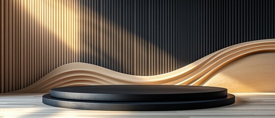 Wall Mural - elegant black podium on light wood floor with golden wave backdrop and dark wood slat wall concept o