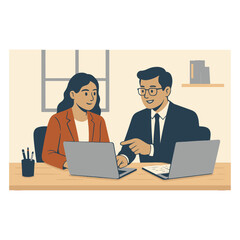 two business people working together, male female in office, scalable