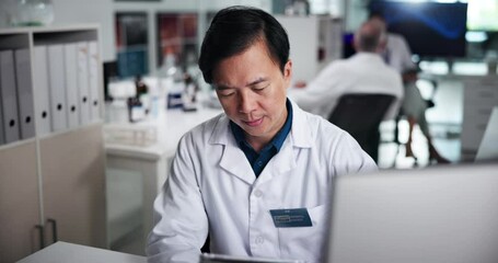 Aufkleber - Science, laboratory and man with sample for medical research, vaccine study and medicine development. Healthcare, pharmaceutical and scientist with tablet for discovery, experiment and analysis