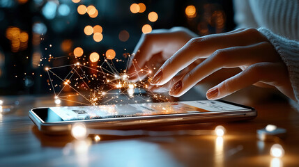 Poster - person interacts with smartphone, creating digital network effect with glowing connections, symbolizing technology and connectivity. scene is illuminated by warm bokeh lights, adding magical touch