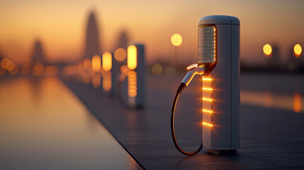 Poster - row of electric car charging stations is illuminated at sunset, creating futuristic and eco friendly atmosphere. glowing lights reflect on smooth surface, enhancing modern design