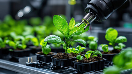 Aufkleber - robotic arm tending to young green plants in modern agricultural setting, showcasing advanced technology in farming. scene highlights innovation and sustainability in plant cultivation