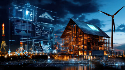 Aufkleber - modern smart home integrates solar panels and wind energy, showcasing sustainable technology and futuristic design. digital interface highlights energy efficiency and innovation