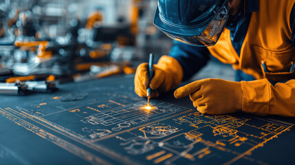 Poster - worker in protective gear is focused on welding tasks at shipyard, surrounded by detailed blueprints and industrial equipment, showcasing precision and expertise