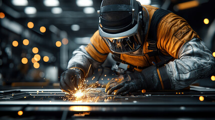Leinwandbilder - worker in protective gear is welding metal in shipbuilding industry, creating bright sparks in dimly lit industrial setting. scene conveys focus and precision