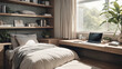 © 시후 이 - A minimalist and modern bedroom interior with a warm, cozy atmosphere and a harmonious, well-balanced layout. #006 generative ai