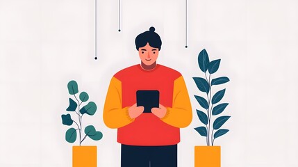 Wall Mural - man using mobile device engaging with digital apps, smartphone usability concept