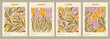 © Creative_Juice_Art - Flower Market posters abstract Set. Trendy botanical wall arts with floral design in danish pastel colors. Modern naive groovy hippie funky interior decorations, paintings. Vector art illustrations