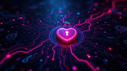 Wall Mural - Cybersecurity concept with a neon heart lock.